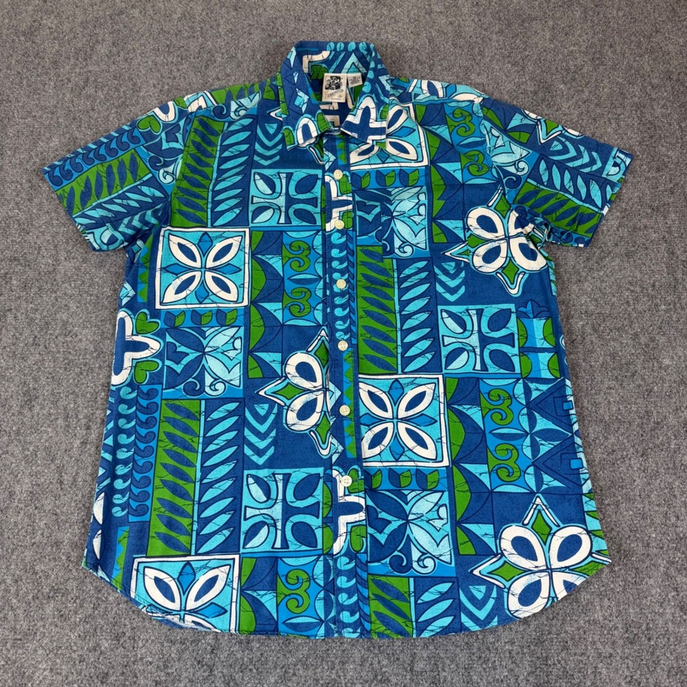 Kennington Shirt Men Medium Blue Button Tropical Tribal Tapa Tiki Hawaiian Beach